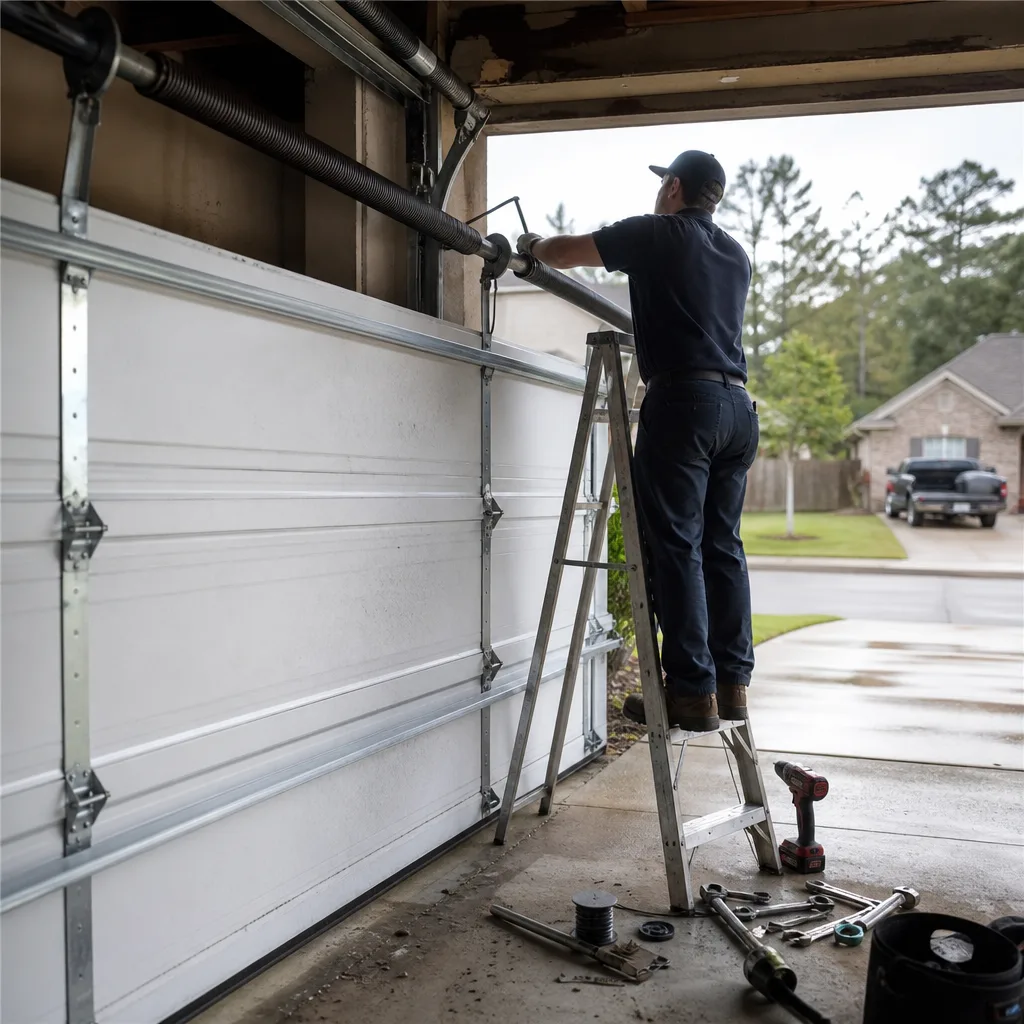 Technician performing emergency garage door spring repair on a ladder nationwide