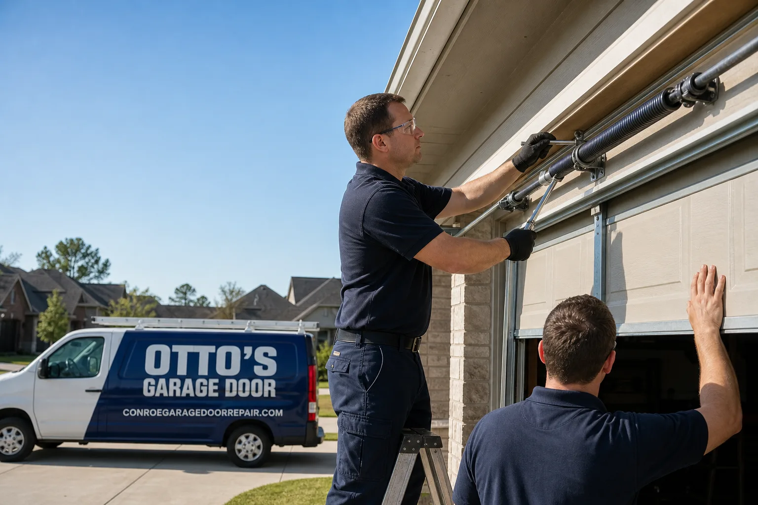 Otto's Garage Door garage door service vehicle and crew in Conroe, TX